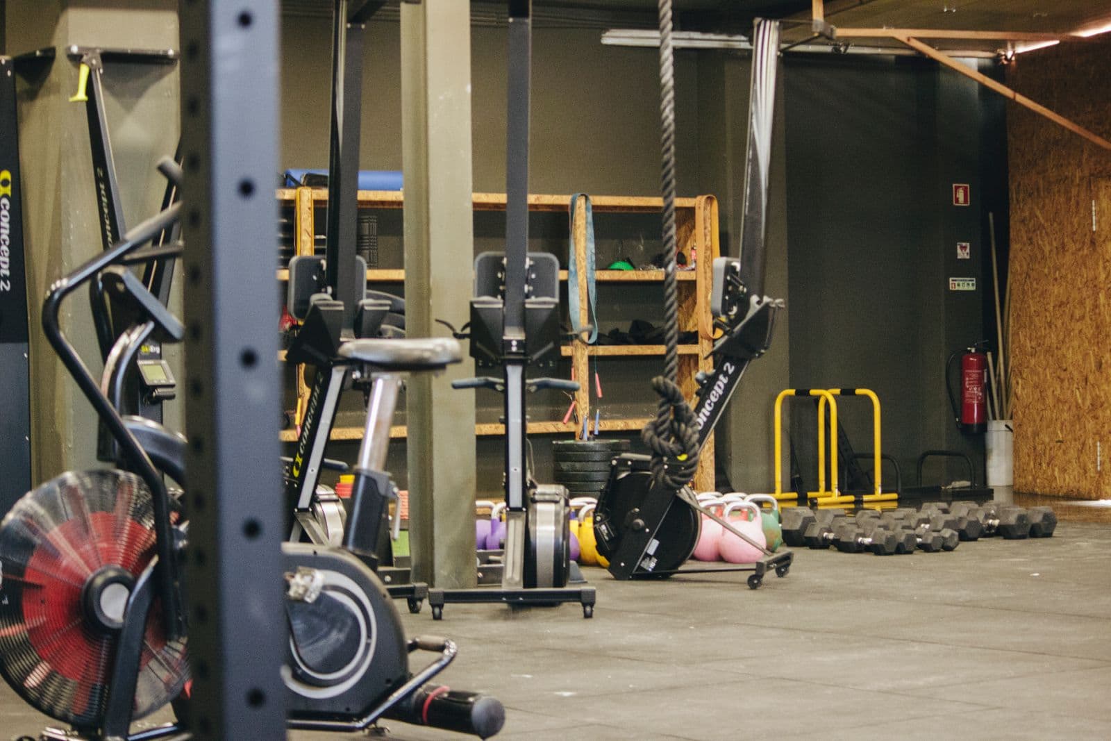 Bright contemporary gym floor lined with cardio machines and free-weight stations